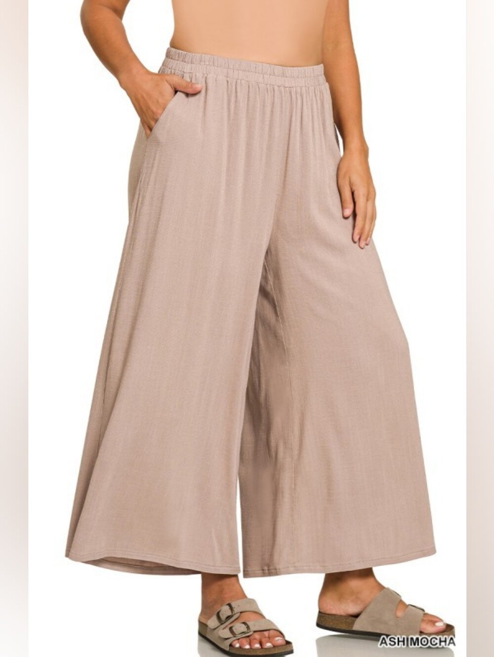 P8-0509 Zenana Wide-Leg Ashe mocha Crop Ankle Flowy Summer Pants